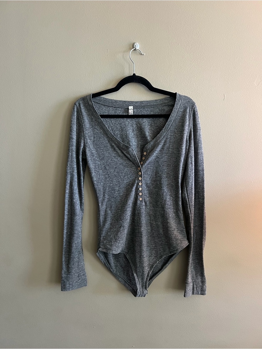 Gray Long-Sleeve Henley Bodysuit - Women's Stretch Knit